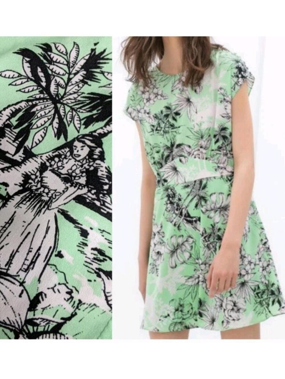 ZARA TRF Retro Hawaiian Print Minidress L Button Details On Shoulders Green #CC